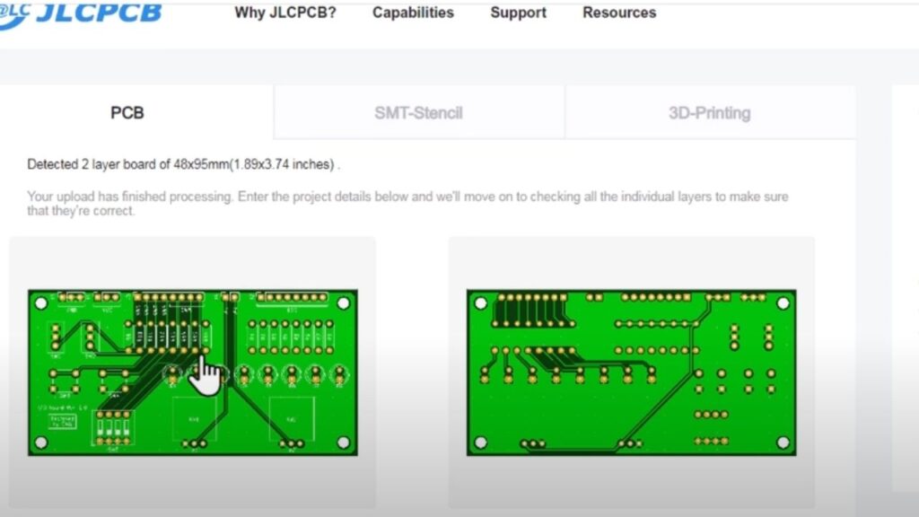 JLCPCBでアップロードした基板がプレビューされる